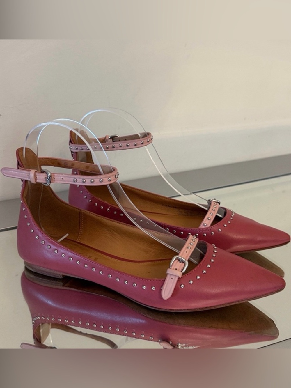COACH Jody Pink Studded Ankle Strap Flats Pointed Toe Ballet Shoes Size 5.5